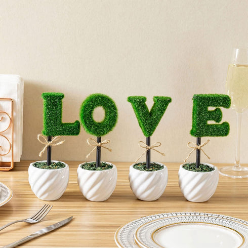 MyGift Decorative L-O-V-E Letter Shaped Small Faux Topiary Trees in White Ceramic Pots, Indoor Artificial Plants Sculpted Love Hedge Gift for Mom,...