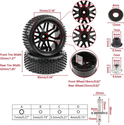 4 Pack RC Buggy Tires 12mm Hex Wheels and Tires 1/10 Off Road RC Buggy Wheels and Tires Tyres Set w/Lock Nuts and Wrench for Bandit VXL Tornado HS...