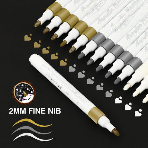 Acrylic Paint Pens Markers,15 Pack Acrylic Markers, 2-3mm Medium Tip, White Gold Silver Paint Pen for Art Projects, Drawing, Rock Painting, Cerami...