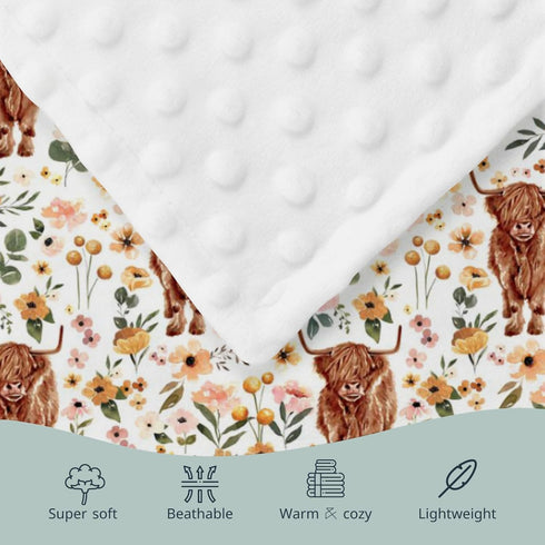 Highland Cow Floral Minky Baby Blanket Dotted Backing Girl, Boho Western Farm Animal Yak Flower Double Layer Nursery Bed Blankets, Soft Plush Newb...