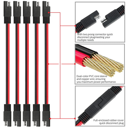 10 AWG SAE to SAE Extension Cable 10 Gauge 2-Pin SAE Connector Extension Cord with Dual Head Plug for Solar Panel Automotive Car Motorcycle 12in...