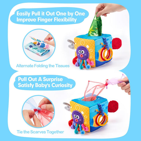 hahaland Baby Tissue Box Toy - Baby Toys 6-12 Months Montessori Toys for 6 Month Old Toys with Textured Tails, Cloth Tissues, Crinkle, Squeaky Sou...