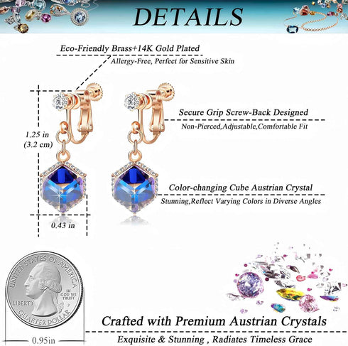 Cube Austrian Crystal Drop Clip On Dangle Earrings for Women Non Pierced 14K Rose Gold Plated Hypoallergenic Jewelry...