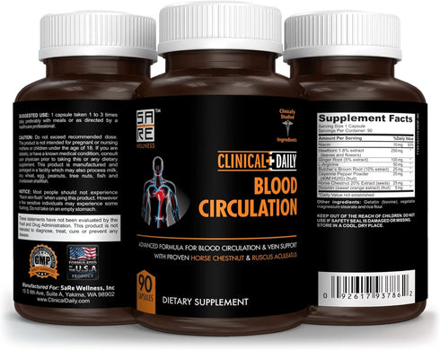 Clinical Daily Blood Circulation Supplements. Butchers Broom, Horse Chestnut, Hawthorn, Cayenne, Arginine, Diosmin Varicose Veins Treatment for Le...
