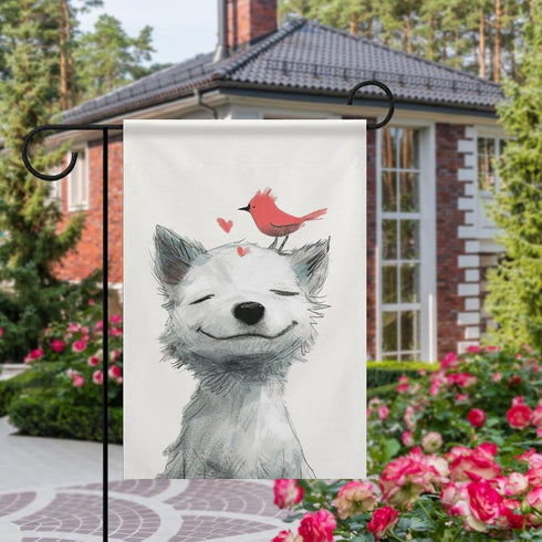 Small Joyful Dog with A Bird on Its Head Garden Flag Cute Animal House Yard Flag Seasonal Holiday Outside Holiday Decoration Home Decor Double Sid...