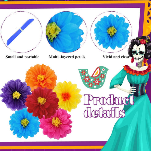 36 Pcs Mexican Paper Flowers Colorful Fiesta Tissue Paper Flowers Pom Poms Mexican Carnival Paper Flowers for Floral Party Backdrop Wedding Birthd...