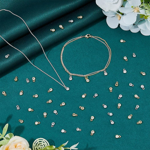 SUPERFINDINGS 80Pcs 2 Colors Bulk Cubic Zirconia Charms Brass Flat Round Pendants Rhinestone Crystal Platium Charms Golden Earring Bracelet Neckla...