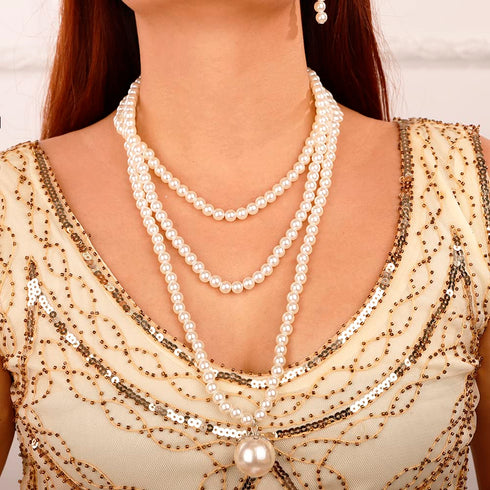 Multilayer Long Imitation Pearl Statement Necklace with Pearl Pendant and Earrings Set Vintage Costume Jewelry for Women Girls...