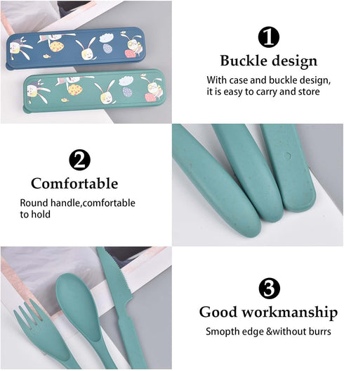 4 Sets Travel Utensils with Case - Cute Rabbit Pattern, Wheat Straw Reusable Utensils Set with Case Portable Utensils Set with Case for Travel Pic...