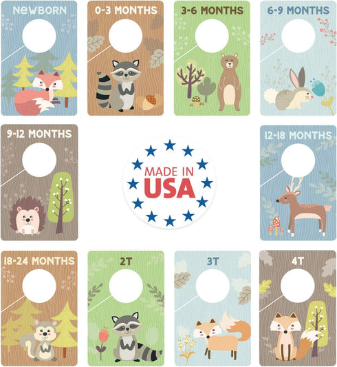 Canopy Street Woodland Closet Clothing Size Dividers / 4" x 6" Closet Organizers For Newborn Baby To 4T Clothes / 10 Forest Animal Baby Closet Siz...