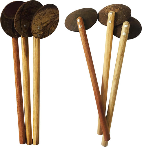 10"" Handmade Coconut Shell Spoon Set - 3-Pack, Strong Teak Wood Handle, Sustainable Srilankan Kitchen Utensils, Eco-Friendly Cooking Tools for He...
