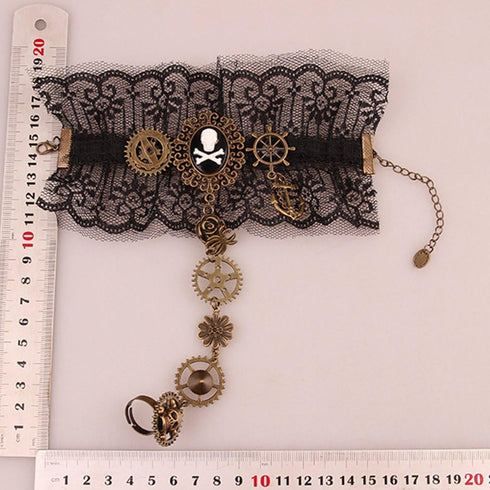 Women Gothic Pirate Skull Steampunk Gear Bracelet Jewelry Accessory Wristband with Finger Ring...