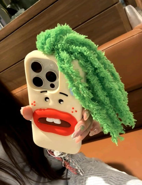 Funny Phone Case for iPhone 15, Cute 3D Sweating Emoticon Green Braids Hair Ugly Phone Case Protective Soft Silicone iPhone Case for Women Girls...