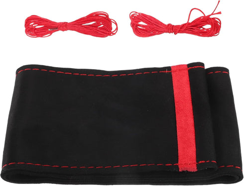 Car Hand Sewn DIY Steering Wheel Cover Breathable Comfortable 38cm Stitch on Wrap Cover Suede Red Black Stitches Red...