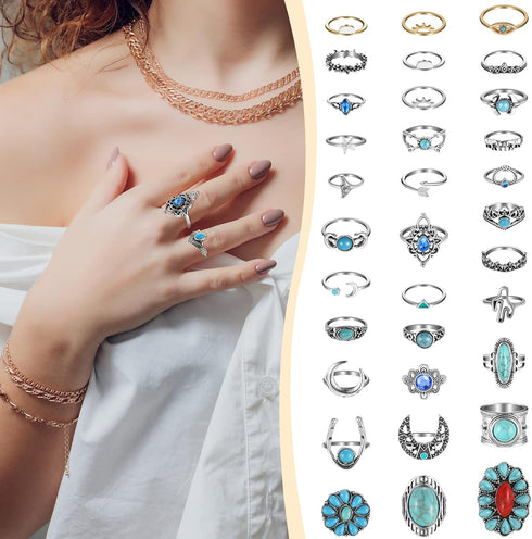 78 Pcs Vintage Turquoise Rings Set Women Western Rings Bohemian Silver Oval Gemstone Rings Boho Joint Knuckle Rings Midi Stacking Rings for Women...