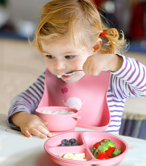 2-Pack Waterproof Silicone Baby Bib Lightweight Comfortable Easy-Wipe Clean (Light Pink/Purple, Small)...