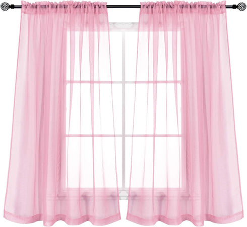 KEQIAOSUOCAI Set of 2 Girls Room Baby Pink Sheer Curtains Panels for Kids Nursery Bedroom Living Room Rod Pocket Sheer Voile Drapes Each is 52 Inc...