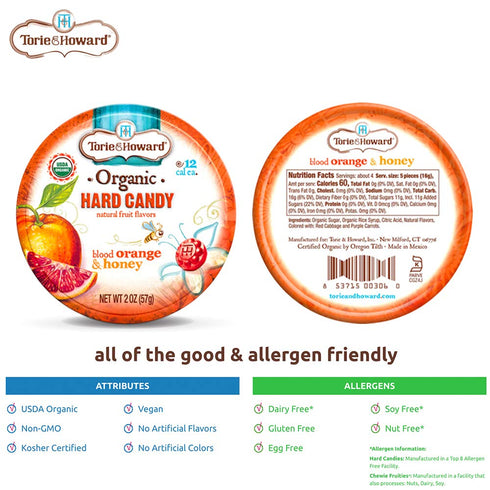 Torie and Howard Organic Hard Candy Tin, Blood Orange and Honey, 2 Ounce...