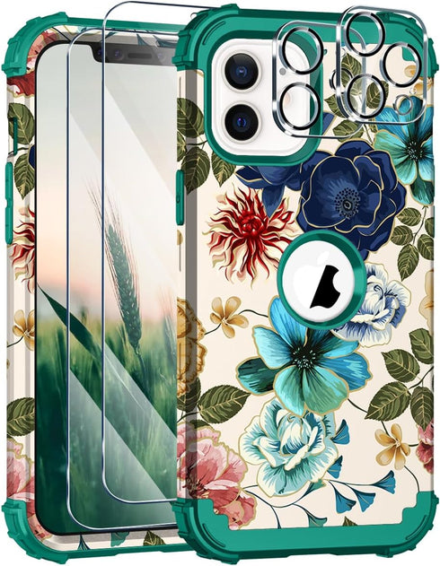 Hocase for iPhone 12 Case/iPhone 12 Pro Case, with 2pcs Screen Protectors and 2pcs Camera Protectors, Shockproof Heavy Duty Soft Silicone Rubber+H...