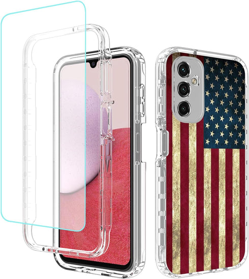 Phone Case for Galaxy A14 5G Case, Samsung A14 5G SM-A146B Case with Tempered-Glass Screen Protector, Cute Clear Flag Pattern Full Body Protective...