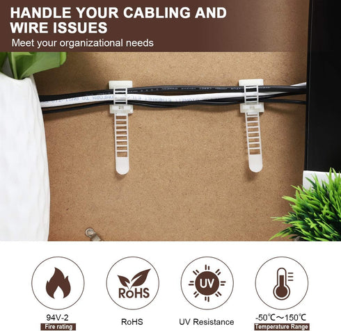 Adhesive Cable Management Clips, 50Pcs Adjustable Nylon Cable Strap Ties Wire Clips Clamps Organizer with Strong Adhesive Tape, Extra Screw & Hole...