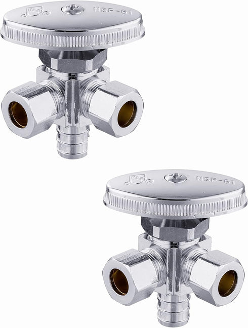 (Pack of 2) EFIELD Dual Outlet Angle Stop Valve, 1/2" Pex-b Crimp Connection Inlet x (3/8 inch x 3/8 inch) Compression Outlet...