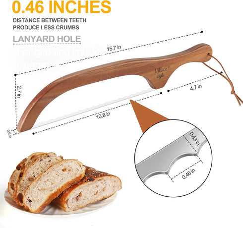 Wooden Bread Bow Knife, 16" Serrated Bagel Knife, Serrated Sourdough Cutter, Premium Stainless Steel Serrated Saw Bread Cutter, Bread Slicer Knife...