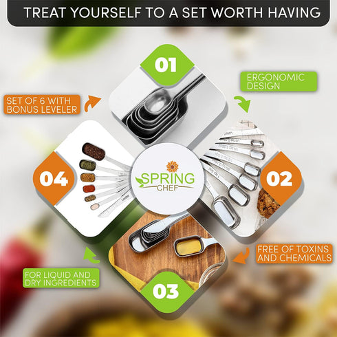 Spring Chef Stainless Steel Measuring Spoons Set of 7 with Leveler, Rectangular Metal Teaspoon & Tablespoon Measuring Spoons for Dry & Liquid Ingr...
