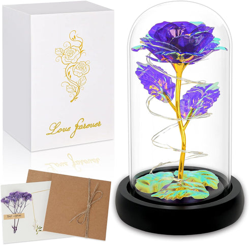 Childom Birthday Gifts for Women,Christmas Flowers Gifts for Her,Women,Mom,Wife,Grandma,Light Up Rose in Glass Dome,Colorful Purple Flowers for Ch...