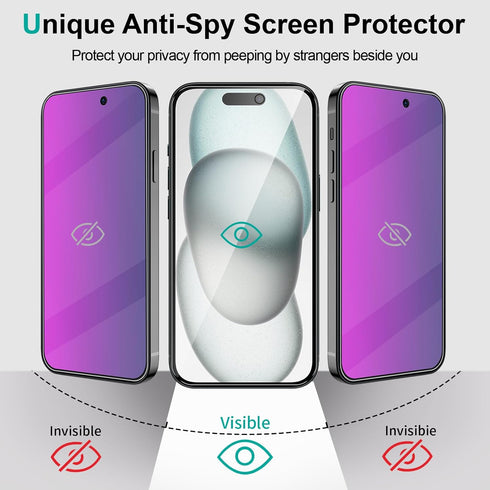 2 Pack Purple Privacy Screen Protector for iPhone 15 6.1 inch, 9H Anti-Spy Tempered Glass, Easy Installation, High Sensitivity, Case Friendly...