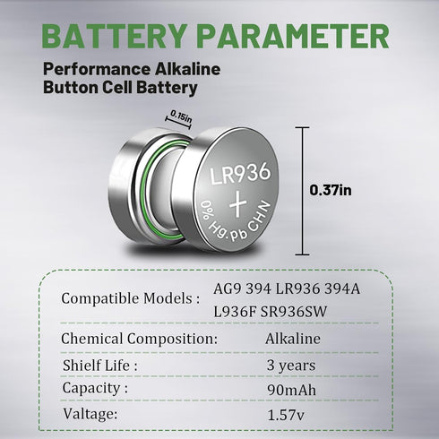 50 Pack SR936SW 394 Watch Battery,Replacement AG9, SR45, SG9, LR45 LR936 G9 194 1.55V Alkaline Button Cell Batteries...
