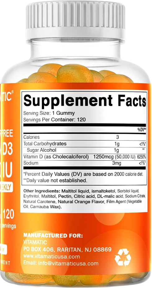 Vitamatic Sugar Free Vitamin D3 50,000 IU Weekly Supplement - 120 Pectin Based Gummies - Vitamin D Capsules for Bones, Teeth, and Immune Support (...