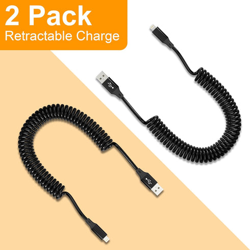 Coiled iPhone Charging Cable 2-Pack, Apple Carplay & MFi Certified, Short USB to Lightning Cable with Data Transmission, Retractable iPhone Car Ch...