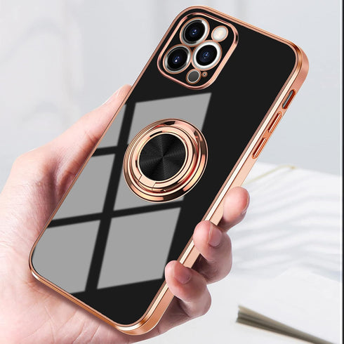 Omorro Compatible with Rose Gold iPhone 13 Pro Max Case for Women Girls Kickstand Ring Holder 360 Rotation Ring Glitter Plating Edge Work with Mag...