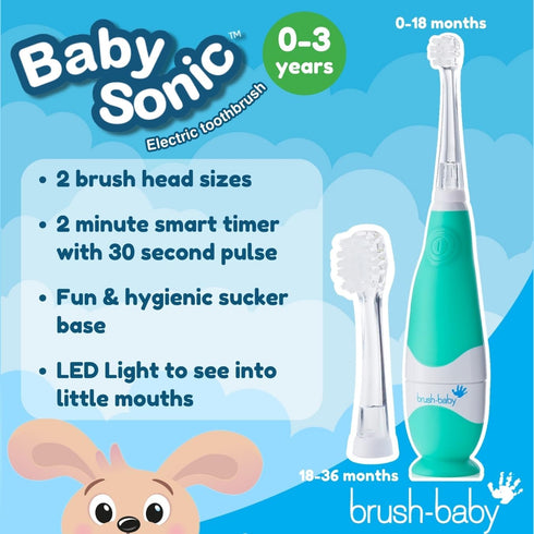 brush-baby BabySonic Infant and Toddler Electric Toothbrush for Ages 0-3 Years - Smart LED Timer and Gentle Vibration Provide a Fun Brushing Exper...