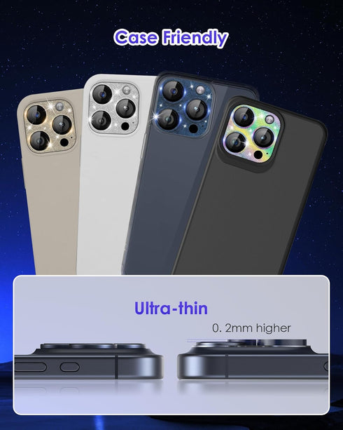 for iPhone 15 Pro/iPhone 15 Pro Max Camera Lens Protector Glitter Plus 9H Tempered Glass Screen Case Friendly Camera Cover for iPhone 15 Pro Max T...