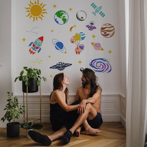 FINGERINSPIRE 17PCS Space Universe Planet Stencil 11.8"-5.9" Reusable Rocket Galaxy Sun Painting Stencil Spacecraft Star Celestial Body Wall Art S...