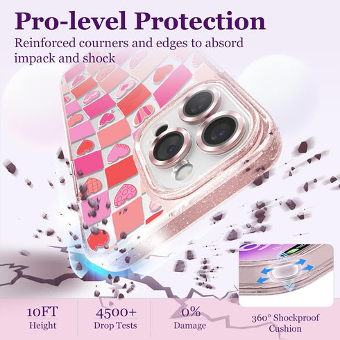 Compatible for iPhone 14 Pro Max Case Cute Aesthetic - Glitter Pink Phone Case with Camera Protector - Girly Love Plaid Cover with Wrist Strap Des...