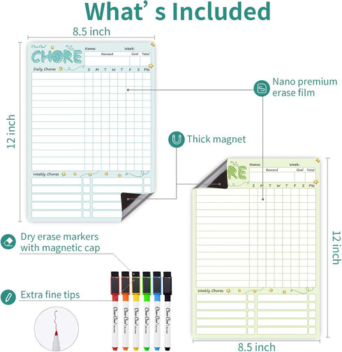 CLEVER CLEAN Magnetic Dry Erase Chore Chart - 8.5"x12" Behavior Responsibility Chore Board for Kids, Teenagers - 6 Extra Fine Point Markers Includ...