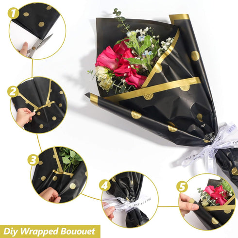 Black Polka Dot Flower Wrapping Paper, Floral Bouquet Wrapping Paper 20 Sheet, Waterproof Korean Bouquet Wrapping Paper, Korean Flores Florist Sup...