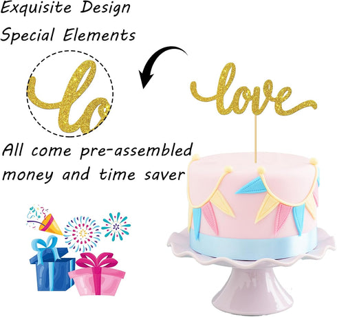 Gold Glitter Love Cake Topper - for Wedding/Engagement/Bridal Shower/Anniversary/Birthday/Bachelorette/Confession Party Decorations Supplies...