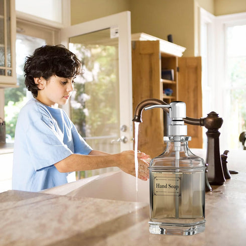 GLADPURE Soap Dispenser - 2 Pack, 18 Oz Antique Design Thick Glass Hand Soap Dispensers; with 304 Rust Proof Stainless Steel Pump, 6Pcs Clear Stic...