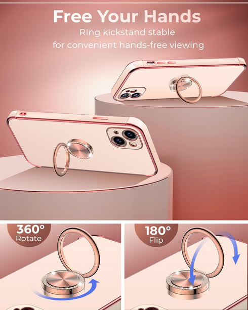 Miss Arts for iPhone 13 Case, Ring Holder Stand Luxury Bling Electroplated Phone Case with Strap, Cute Soft TPU for iPhone 13 Cover for Women Girl...