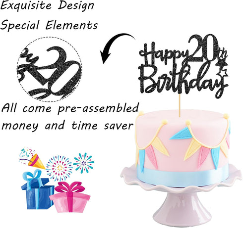 Black Glitter Happy 20th Birthday Cake Topper for, Hello 20th Anniversary, Cheers to 20 Years Party Decorations...