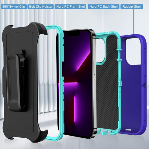 FEIYAR HOME for iPhone 13 Pro Max Heavy Duty Case with 2 Tempered Glass Protectors and Camera Lens Protector, Belt Clip Holster Kickstand - Milita...
