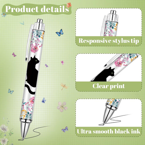 24 Pcs Black Cat Cute Ballpoint Pens Set Vintage Flowers Print Black Cat Pens Kawaii Kitty Pens Fancy Cute Supplies Accessories Writing Pens for C...
