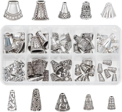 PH PandaHall 60pcs 10 Styles Cone Bead Caps, Tibetan Style Alloy Flower Bead Caps Spacers Tassel End Cap for Earring Necklaces Keychain Pendants J...