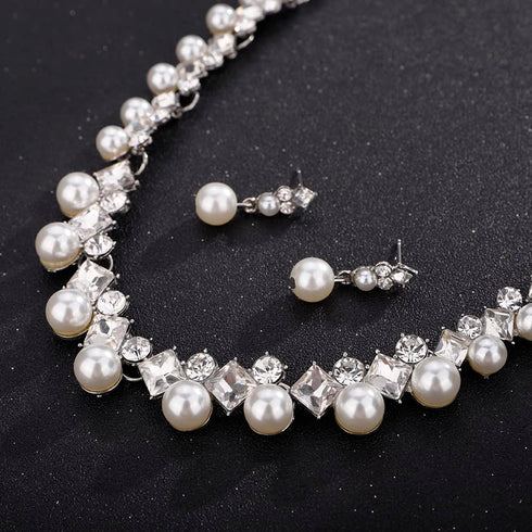Bride Silver Necklace Earrings Set Pearl Bridal Wedding Jewelry Set Rhinestone Choker Necklace for Women and Girls...