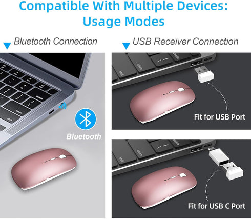 Bluetooth Mouse for Laptop, Wireless Mouse for Macbook Pro/Air/Mac/iPad/Chromebook/Computer -Rechargeale Dual Mode(USB 2.4Ghz + Bluetooth 5.2) Sil...