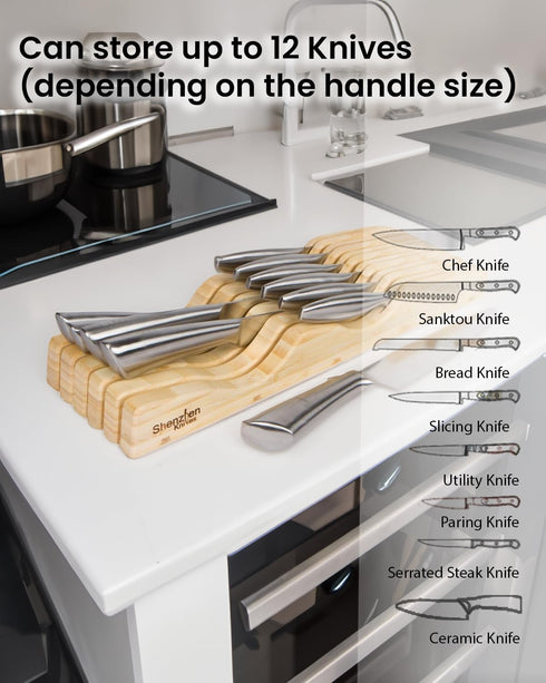Large In-Drawer Plastic Knife Block: 11 Slot (Holds 10-12 Knives) Empty Knife Holder for Kitchen Drawers - Cutlery Tray Organizer & Storage...